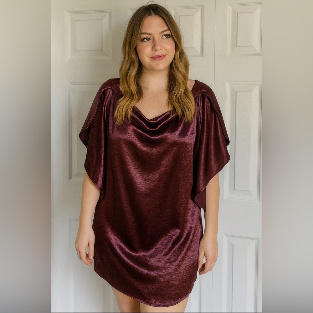 TDC Silk Metallic Mini Dress Burgundy Nwt